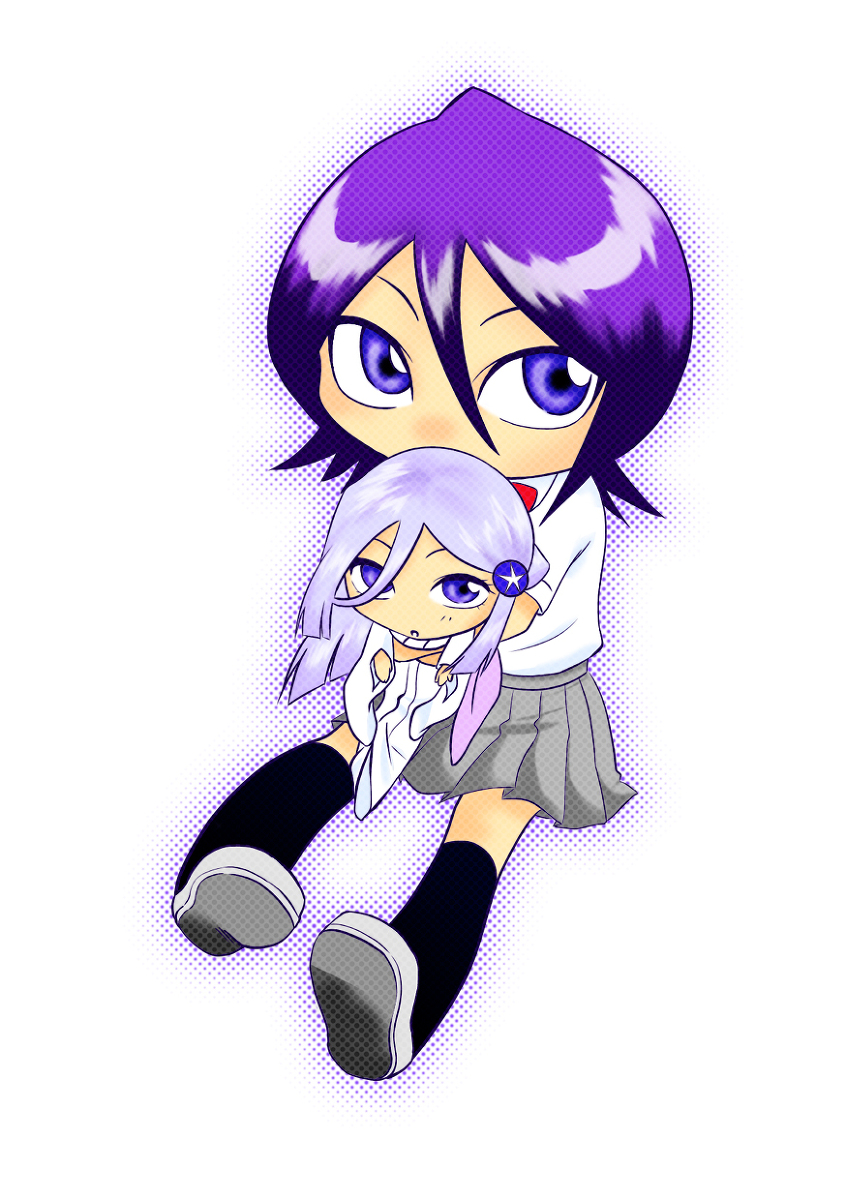 2girls black_hair bleach bleach:_zanpakutou_ibun_hen chibi highres kuchiki_rukia multiple_girls silverytears sode_no_shirayuki white_hair