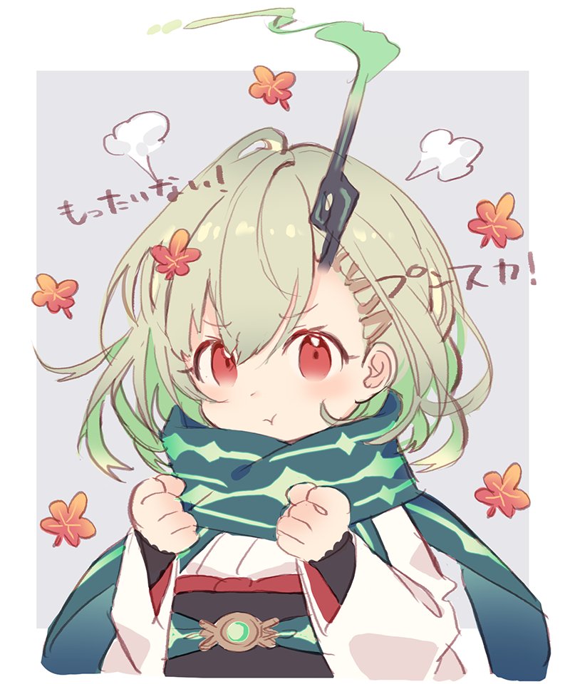 1girl angry blush chibi clenched_hands closed_mouth flower green_hair hair_ornament hairclip japanese_clothes kimono kina_(446964) little_match_girl_(sinoalice) looking_at_viewer pouty_lips red_eyes scarf sinoalice sketch smoke solo