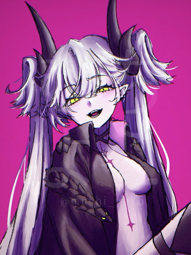 1girl black_cloak body_markings braid breasts cloak demon_girl fate/grand_order fate_(series) green_eyes hair_between_eyes harness horns jacket lilith_(fate) long_hair looking_at_viewer multiple_braids naked_jacket namarimari o-ring o-ring_harness open_clothes open_mouth pink_background pointy_ears pubic_tattoo smile solo tattoo twintails