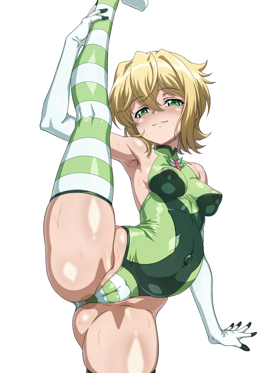 1girl akatsuki_kirika anus anus_peek armpits blonde_hair breasts closed_mouth covered_erect_nipples covered_navel elbow_gloves eyebrows_hidden_by_hair gloves green_eyes green_leotard green_thighhighs hair_between_eyes hand_on_own_leg highres leotard looking_at_viewer medium_breasts pregnant senki_zesshou_symphogear short_hair simple_background smile solo standing standing_on_one_leg striped_clothes striped_thighhighs syunzou thighhighs undersuit white_background