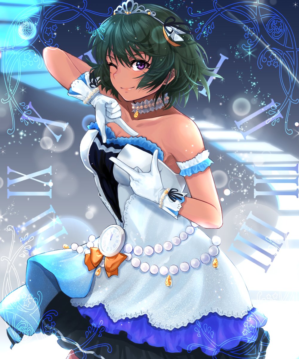 1girl ;) arm_garter breasts clock collarbone dark-skinned_female dark_skin dress fujisaki_subaru gloves green_hair hashimoto_kanna highres idolmaster idolmaster_cinderella_girls idolmaster_cinderella_girls_starlight_stage layered_dress looking_at_viewer medium_breasts natalia_(idolmaster) one_eye_closed purple_eyes smile solo starry_sky_bright_(idolmaster) strapless strapless_dress tiara white_gloves