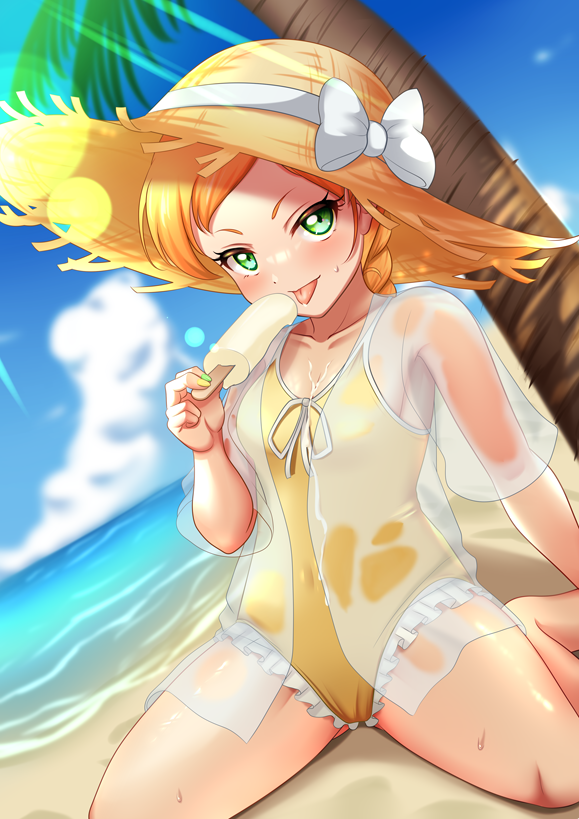 1girl aikatsu!_(series) aikatsu_stars! bare_legs blonde_hair blue_sky bow braid brown_hair casual_one-piece_swimsuit cloud collarbone dutch_angle food gradient_hair green_eyes hat hat_bow holding holding_food looking_at_viewer multicolored_hair nikaido_yuzu ocean one-piece_swimsuit open_clothes open_shirt palm_tree popsicle ribbon rinkapix see-through_clothes see-through_shirt shirt short_hair single_braid sitting sky solo spread_legs straw_hat summer sun_hat sunlight swimsuit tongue tongue_out tree white_bow white_shirt yellow_hat yellow_one-piece_swimsuit yellow_ribbon