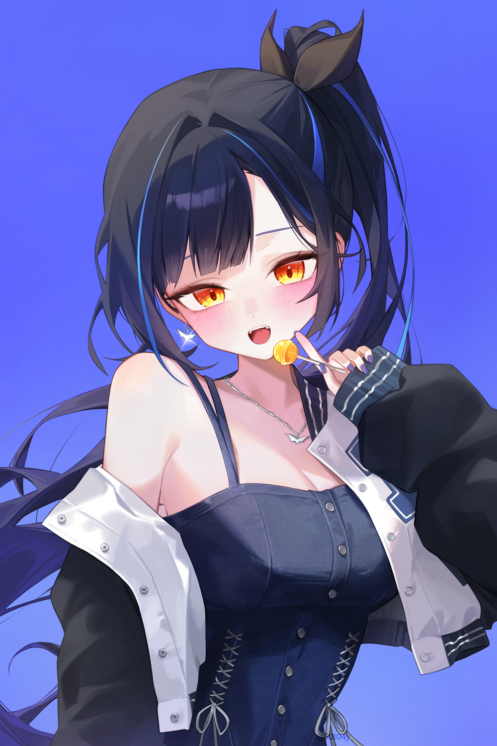 1girl bare_shoulders black_hair black_jacket black_shirt blue_background blue_hair breasts candy cleavage food gradient_hair hair_ribbon hand_up highres holding holding_candy holding_food holding_lollipop jacket jewelry large_breasts lilpa lollipop long_hair long_sleeves looking_at_viewer multi-strapped_shirt multicolored_hair nail_polish necklace off_shoulder open_clothes open_jacket open_mouth orange_eyes ponytail purple_nails ribbon s0104y shirt simple_background sleeveless sleeveless_shirt smile solo spaghetti_strap streaked_hair upper_body very_long_hair virtual_youtuber waktaverse