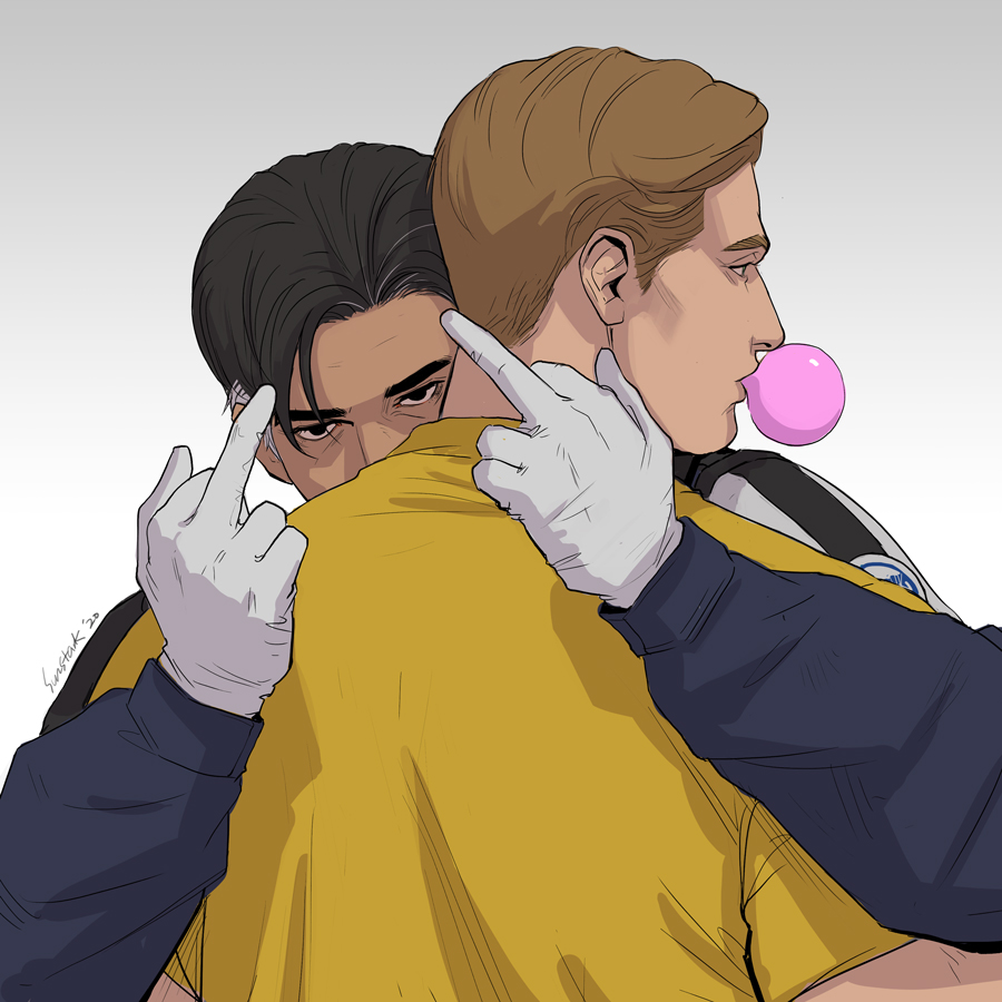2boys arms_up artist_name black_hair brown_eyes brown_hair chewing_gum commentary dark-skinned_male dark_skin doc_(rainbow_six_siege) double_middle_finger english_commentary gloves lion_(rainbow_six_siege) long_sleeves looking_at_viewer male_focus middle_finger multiple_boys rainbow_six_siege shirt short_sleeves simple_background sun_stark t-shirt upper_body white_background white_gloves yaoi yellow_shirt