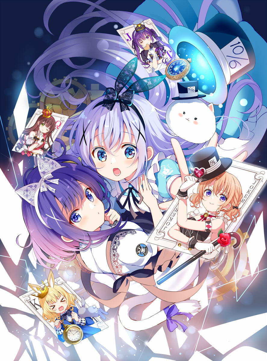 6+girls angora_rabbit animal apron black_apron black_hairband black_hat blue_dress blue_eyes blue_hair blush clock closed_mouth dress fuiba_fuyu gochuumon_wa_usagi_desu_ka? hair_ornament hairband hat highres hoto_cocoa kafuu_chino kirima_syaro koi_(koisan) long_hair multiple_girls official_art open_mouth puffy_short_sleeves puffy_sleeves rabbit short_hair short_sleeves tedeza_rize textless_version tippy_(gochiusa) top_hat ujimatsu_chiya white_dress white_hairband x_hair_ornament