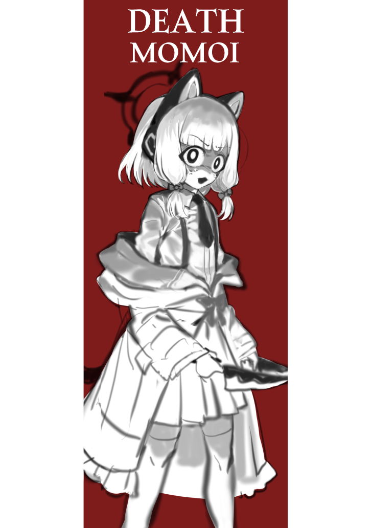 1girl animal_ear_headphones animal_ears blue_archive cat_ear_headphones death_momoi_(meme) dual_wielding english_text fake_animal_ears halo headphones holding holding_knife jacket kitchen_knife knife long_sleeves looking_at_viewer low-tied_sidelocks meme momoi_(blue_archive) necktie red_background sidelocks solo yosik