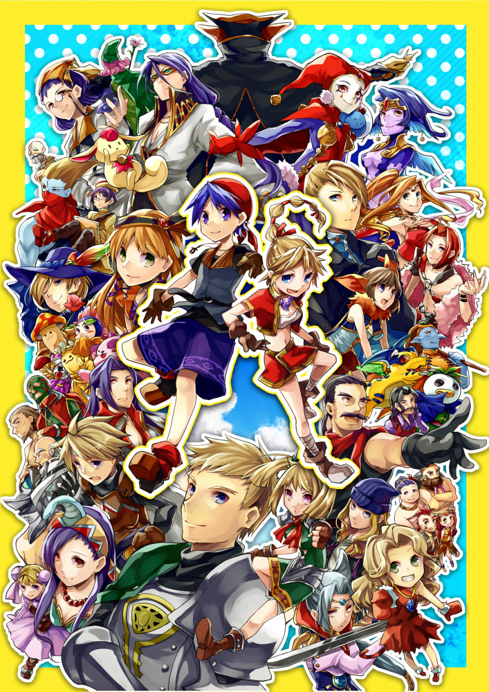 animal animal_ears armor asymmetrical_hair bandaged_leg bandages bandana beanie black_hair blonde_hair blue_eyes blue_hair blue_shorts blue_skin boots braid breasts brown_eyes brown_hair child chrono_cross cleavage coat colored_skin cropped_jacket dario_(chrono_cross) doc_(chrono_cross) double_bun draggy_(chrono_cross) dragon everyone facepaint facial_hair fargo_(chrono_cross) full_body funguy_(chrono_cross) glasses glenn_(chrono_cross) gloves greco_(chrono_cross) green_headwear grey_eyes grey_hair grin grobyc_(chrono_cross) guile_(chrono_cross) hair_between_eyes hair_bun hairband harle_(chrono_cross) harlequin hat headband holding holding_sword holding_weapon irenes_(chrono_cross) jacket janice_(chrono_cross) jewelry karsh_(chrono_cross) kid_(chrono_cross) korcha_(chrono_cross) leah_(chrono_cross) leena_(chrono_cross) long_sleeves luccia_(chrono_cross) lynx_(chrono_cross) macha_(chrono_cross) marcy_(chrono_cross) mask mel_(chrono_cross) midriff miki_(chrono_cross) miniskirt mojo_(chrono_cross) mouth_mask multi-tied_hair multiple_boys multiple_girls mushroom mustache navel necklace neofio_(chrono_cross) nikki_(chrono_cross) norris_(chrono_cross) o_peco one_eye_closed orange_hair orcha_(chrono_cross) orlha_(chrono_cross) outstretched_arm parent_and_child partially_fingerless_gloves patterned_background pierre_(chrono_cross) pink_eyes pip_(chrono_cross) pointy_ears pointy_hat pointy_nose ponytail poshul_(chrono_cross) purple_hair radius_(chrono_cross) razzly_(chrono_cross) red_bandana red_hair red_jacket riddel_(chrono_cross) serge_(chrono_cross) short_hair shorts shoulder_armor skeleton skelly_(chrono_cross) skirt small_breasts smile sneff_(chrono_cross) sprigg_(chrono_cross) starky_(chrono_cross) steena_(chrono_cross) sword teeth turnip_(chrono_cross) twintails upper_body van_(chrono_cross) viper_(chrono_cross) wavy_hair weapon white_coat wrestling_mask wrestling_outfit zappa_(chrono_cross) zoah_(chrono_cross)