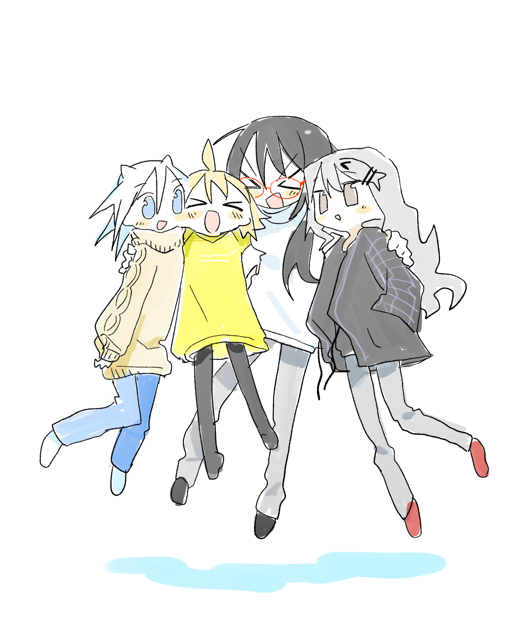 &gt;_&lt; 4girls agoshi_sakina ahoge black_hair black_jacket black_pants black_shirt black_socks blonde_hair blue_eyes blue_pants blush brown_eyes brown_sweater fish_hair_ornament full_body glasses grey_hair grey_pants group_hug hair_ornament hand_in_pocket happy highres hug jacket jumping kokaki_mumose long_hair long_sleeves midair multiple_girls null-meta open_clothes open_jacket open_mouth outstretched_arms pants red-framed_eyewear red_socks shirt short_hair simple_background smile socks souen_chiaki spread_arms sweater takada_shiyuki turtleneck turtleneck_sweater uozumi_kurumi v-shaped_eyebrows white_background white_hair white_sweater yellow_sweater