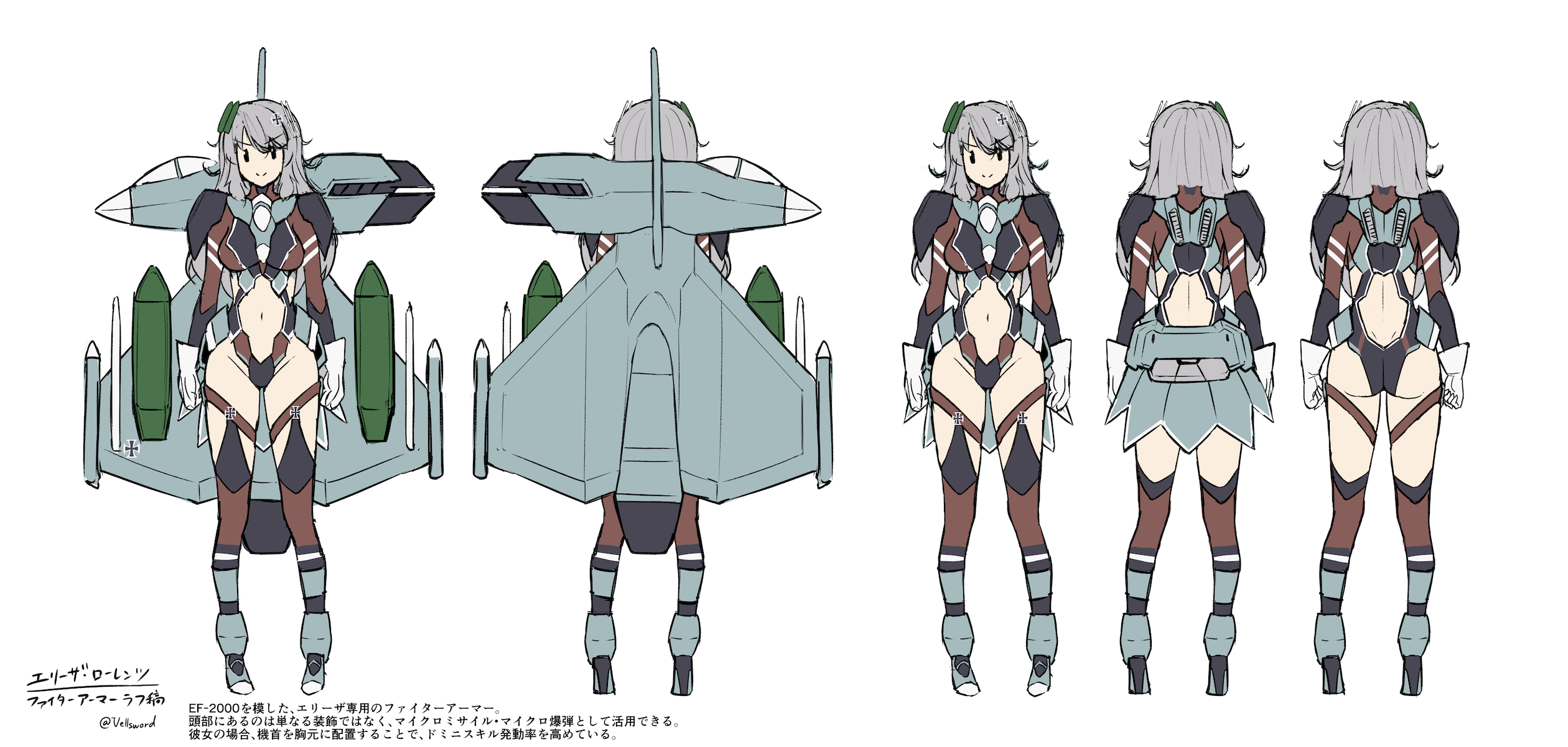 1girl aircraft airplane ass black_eyes breasts clenched_hand clothing_cutout cross delta_wing eurofighter_typhoon fighter_jet gloves grey_hair grey_skirt highres i.takashi iron_cross leotard long_hair mecha_musume medium_breasts midriff military military_vehicle multiple_views navel original personification sketch skirt stomach_cutout thighhighs v-shaped_eyebrows white_background white_gloves