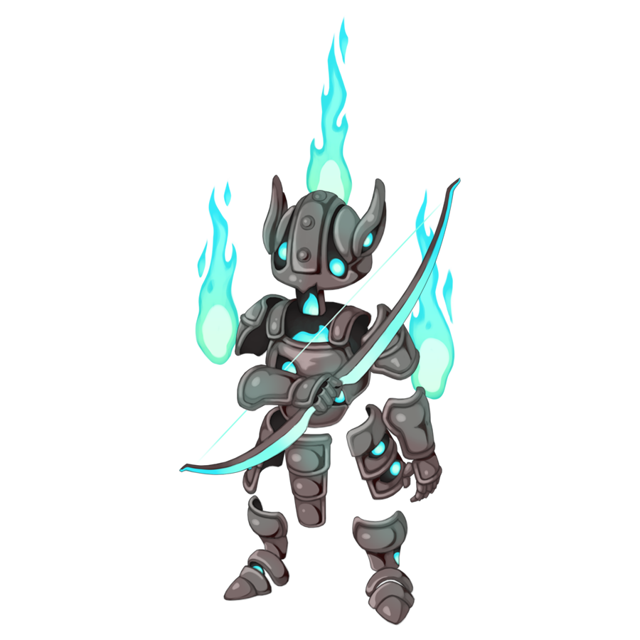 armor armored_boots blue_fire boots bow_(weapon) breastplate chibi chibi_only contaminated_raydric fake_horns faulds fire full_body gauntlets helmet holding holding_bow_(weapon) holding_weapon horned_helmet horns living_armor official_art pauldrons ragnarok_online shoulder_armor simple_background solo transparent_background weapon yuichirou