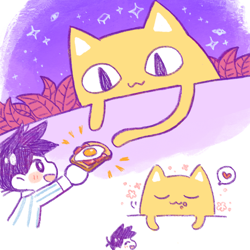 1boy bacon big_yellow_cat_(omori) bread bread_slice bright_pupils chibi chibi_only closed_eyes colored_skin food fried_egg fried_egg_on_toast heart hero_(headspace)_(omori) hero_(omori) holding holding_food omori open_mouth pajamas purple_eyes purple_hair short_hair solo speech_bubble spoken_heart sun_iiinu toast white_pupils white_skin