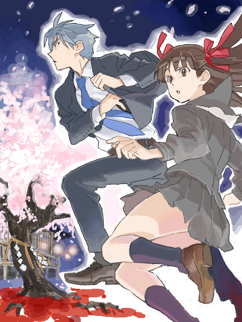 1boy 1girl black_hair black_serafuku blunt_bangs brown_eyes cherry_blossoms formal_clothes grey_hair himeno_mikoto himuro_hitoshi indesign kaii_shoukougun kaii_shoukougun_1 long_hair necktie petals school_uniform serafuku short_hair suit tree