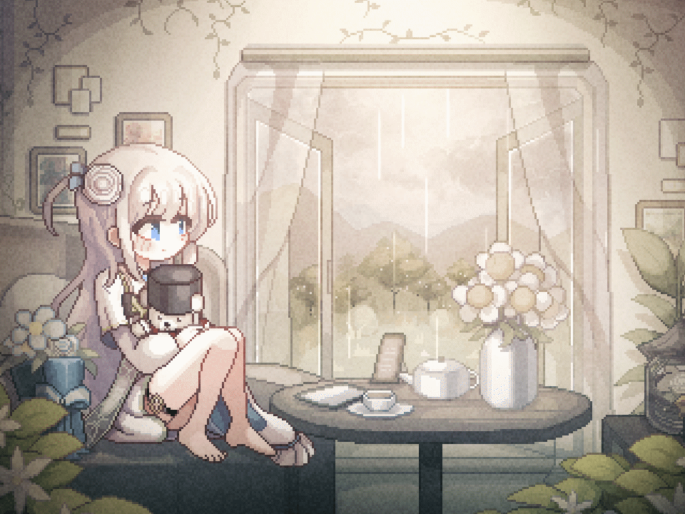 1girl animated animated_gif barefoot blinking blue_eyes couch counter:side cup curtains dress feet flower hair_flower hair_ornament holding holding_stuffed_toy hwaryeok indoors knees_up long_hair looking_afar looking_to_the_side looping_animation official_art on_couch one_side_up open_window picture_frame pixel_art plant potted_plant rain round_table see-through_curtains sitting solo solovey_(counter:side) stuffed_toy table teacup teapot tree vase vines white_dress white_hair window