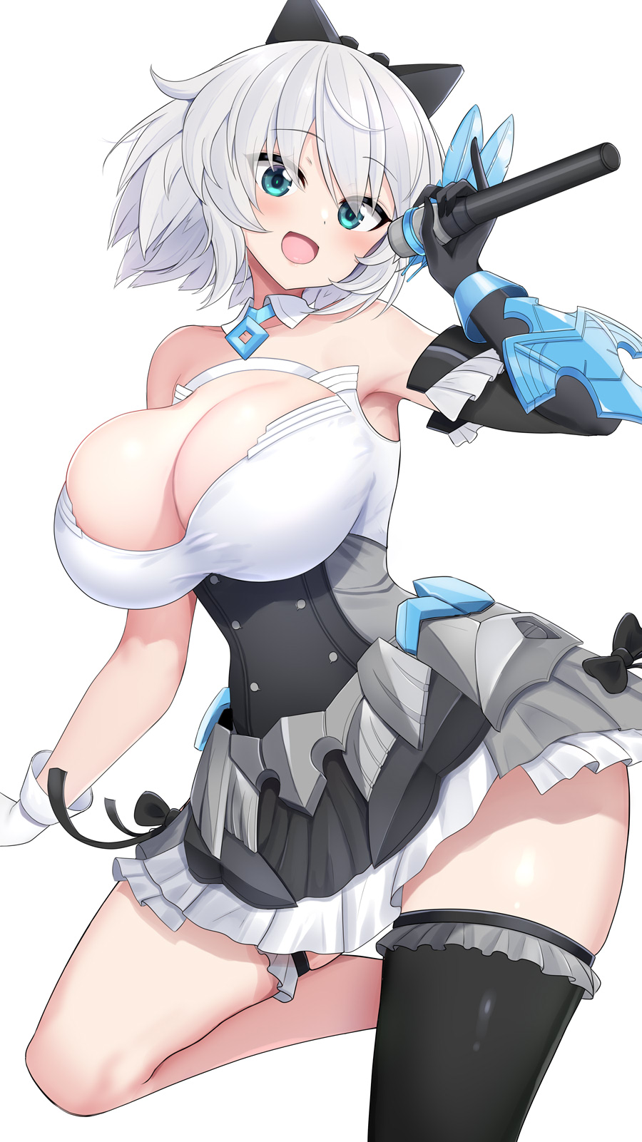 1girl 30_minutes_sisters aqua_eyes asymmetrical_gloves asymmetrical_legwear bare_shoulders blush bow breasts cleavage dress elbow_gloves gloves hair_bow highres holding holding_microphone idolmaster idolmaster_shiny_colors large_breasts looking_at_viewer microphone mismatched_gloves mismatched_legwear official_alternate_costume open_mouth revealing_clothes rishetta_(30ms) short_hair single_thighhigh solo subten thigh_strap thighhighs white_background white_hair