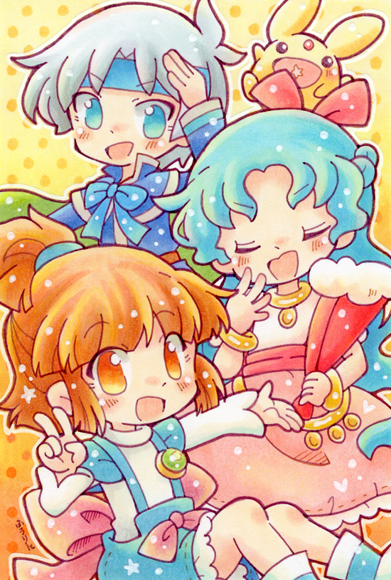 1boy 2girls :d antenna_hair arle_nadja blue_eyes blue_hair blue_headband blue_overalls carbuncle_(puyopuyo) closed_eyes creature facing_viewer folding_fan hand_fan hand_on_own_head happy headband high_ponytail holding holding_fan hurin1192 light_blush long_skirt looking_at_viewer middle_part mini_arle multiple_girls no_pupils official_alternate_costume ojou-sama_pose open_mouth orange_background orange_eyes outline outstretched_arm overalls pink_skirt polka_dot polka_dot_background ponytail puyopuyo puyopuyo_7 rulue_(puyopuyo) schezo_wegey shirt short_ponytail signature skirt smile split_mouth star_in_mouth traditional_media two-tone_background u_u v wavy_hair white_hair white_outline white_shirt yellow_background