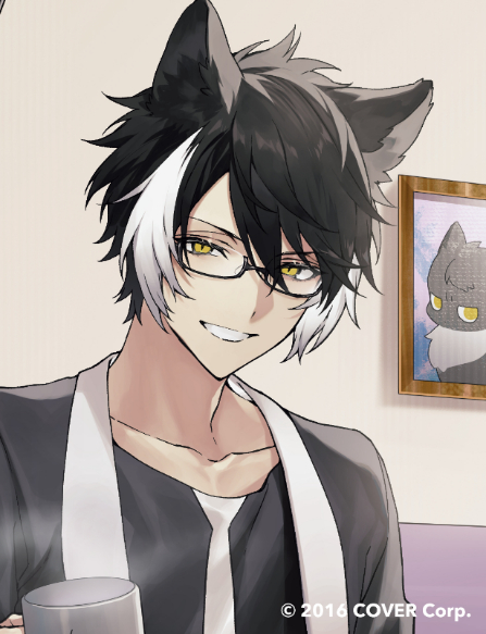 1boy animal_ears bespectacled black_hair black_jacket black_pants black_shirt cat copyright_notice crew_neck cup glasses grey_cat hair_between_eyes holding holding_cup holostars indoors jackal_boy jackal_ears jackal_tail jacket kageyama_shien koyama_(kageyama_shien) lapels looking_at_viewer male_focus mug multicolored_hair nakayama_(kageyama_shien) namakawa necktie_print nekoyama_shien official_art pants parted_lips photo_(object) shawl_lapels shirt short_hair smile solo steam tail two-tone_hair upper_body virtual_youtuber white_hair yellow_eyes