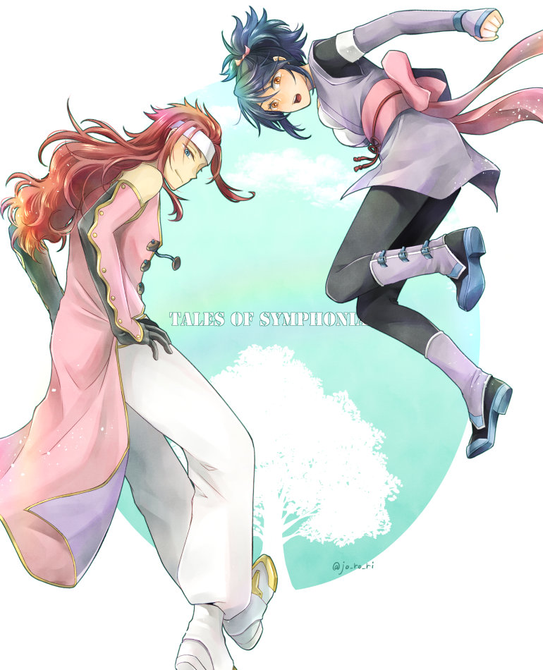 1boy 1girl back_bow bare_shoulders black_gloves black_hair blue_eyes boots bow breasts brown_hair clenched_hand closed_mouth detached_sleeves fujibayashi_sheena full_body gloves headband jo_ro_ri long_hair medium_breasts open_mouth pants pink_sleeves pink_vest ponytail purple_footwear purple_tunic red_hair tales_of_(series) tales_of_symphonia tunic twitter_username vest white_footwear white_headband white_pants zelos_wilder