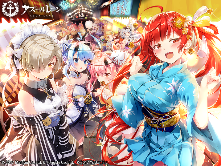 6+girls :d aerial_fireworks ahoge alternate_costume animal_ears animal_print azur_lane bare_shoulders black_bow blonde_hair blue_eyes blue_hair blue_kimono blush bow breasts cat_ears chain closed_mouth collar detached_sleeves eldridge_(azur_lane) fang festival fireworks floral_print food hair_between_eyes hair_bow hair_ornament hair_over_one_eye hair_ribbon hand_fan holding holding_fan holding_food honolulu_(among_the_stalls)_(azur_lane) honolulu_(azur_lane) horns ikazuchi_(azur_lane) ikazuchi_(thunderous_festival)_(azur_lane) inazuma_(azur_lane) inazuma_(flash_of_fireworks)_(azur_lane) japanese_clothes kimono lantern large_breasts long_hair long_sleeves looking_at_viewer maid_headdress mask mask_on_head medium_breasts moeki_yuuta mouth_hold multicolored_kimono multiple_girls night night_sky obi official_art oni_horns open_mouth paper_lantern pink_hair ponytail red_eyes red_hair ribbon sash sheffield_(a_moment&#039;s_respite)_(azur_lane) sheffield_(azur_lane) short_hair silver_hair sky small_breasts smile thighhighs twintails very_long_hair watermark white_kimono white_legwear yellow_eyes yukata yukikaze_(azur_lane)