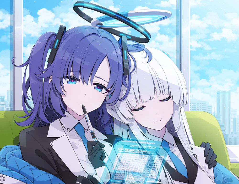 2girls black_gloves blue_archive blue_eyes blue_necktie closed_eyes closed_mouth collared_shirt formal_clothes gloves grey_hair halo holding holding_pen indoors long_hair long_sleeves looking_at_viewer mechanical_halo multiple_girls necktie noa_(blue_archive) pen purple_hair sakuraba_yuuki shirt smile suit two_side_up upper_body white_shirt yuuka_(blue_archive)