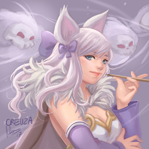 1girl alchemist_(ragnarok_online) animal_ears bow breasts brown_cape cape cleavage closed_mouth commentary commission detached_sleeves dress english_commentary felia_hanakata floating_skull fox_ears fox_girl fur_collar green_eyes grey_background hair_bow holding holding_smoking_pipe large_breasts long_hair looking_at_viewer lowres purple_bow purple_sleeves ragnarok_online smile smoking_pipe solo strapless strapless_dress upper_body white_dress white_hair