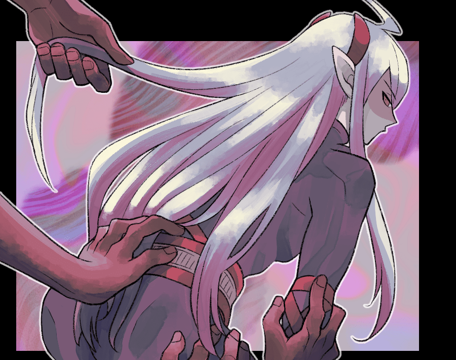 belt breath_of_fire breath_of_fire_iv disembodied_hand fou-lu groping horns long_hair looking_at_viewer male_focus minashirazu pointy_ears white_hair yaoi