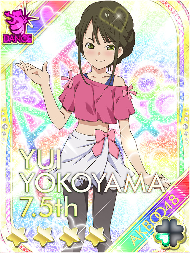 1girl akb0048 arm_at_side black_pantyhose blue_undershirt card_(medium) character_name closed_mouth fanged_bangs feet_out_of_frame green_eyes green_hair hand_up heart midriff non-web_source official_art pantyhose pink_shirt rainbow_background shirt short_hair short_sleeves skirt smile solo standing star_(symbol) straight-on white_skirt yokoyama_yui_(akb0048)
