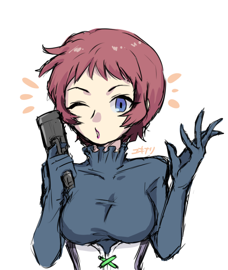1girl blue_eyes breasts corset female_focus gun handgun holding holding_gun holding_pistol holding_weapon lipstick looking_at_viewer makeup medium_breasts one_eye_closed pink_hair pistol short_hair simple_background solo subarashiki_kono_sekai sweater turtleneck upper_body weapon wink yashiro_uzuki