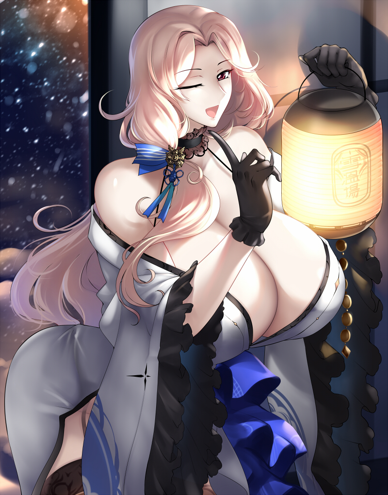 1girl black_garter_straps black_gloves black_thighhighs blonde_hair blue_butterfly blue_ribbon breasts bug butterfly butterfly_ornament cleavage collarbone commentary_request fur-trimmed_kimono fur_trim garter_straps gloves goddess_of_victory:_nikke haganef hair_over_shoulder hair_ribbon holding holding_lantern huge_breasts insect japanese_clothes kimono lantern long_hair looking_at_viewer ludmilla_(nikke) ludmilla_(winter_owner)_(nikke) official_alternate_costume one_eye_closed open_mouth parted_bangs red_eyes ribbon smile solo striped_ribbon thighhighs white_kimono