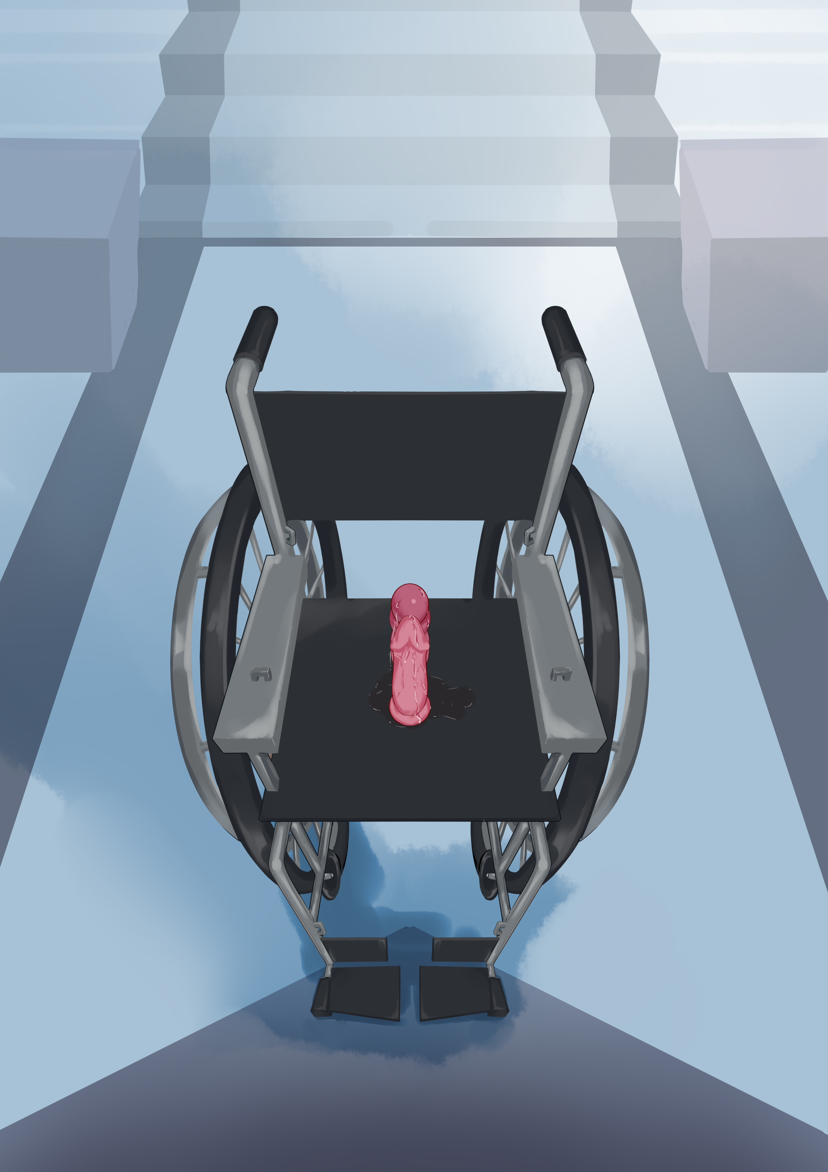 absurdres arknights dildo dildo_reveal floor highres lemuen_(arknights) no_humans object_focus pussy_juice qaq_baiguang restrained sex_toy stairs wheelchair