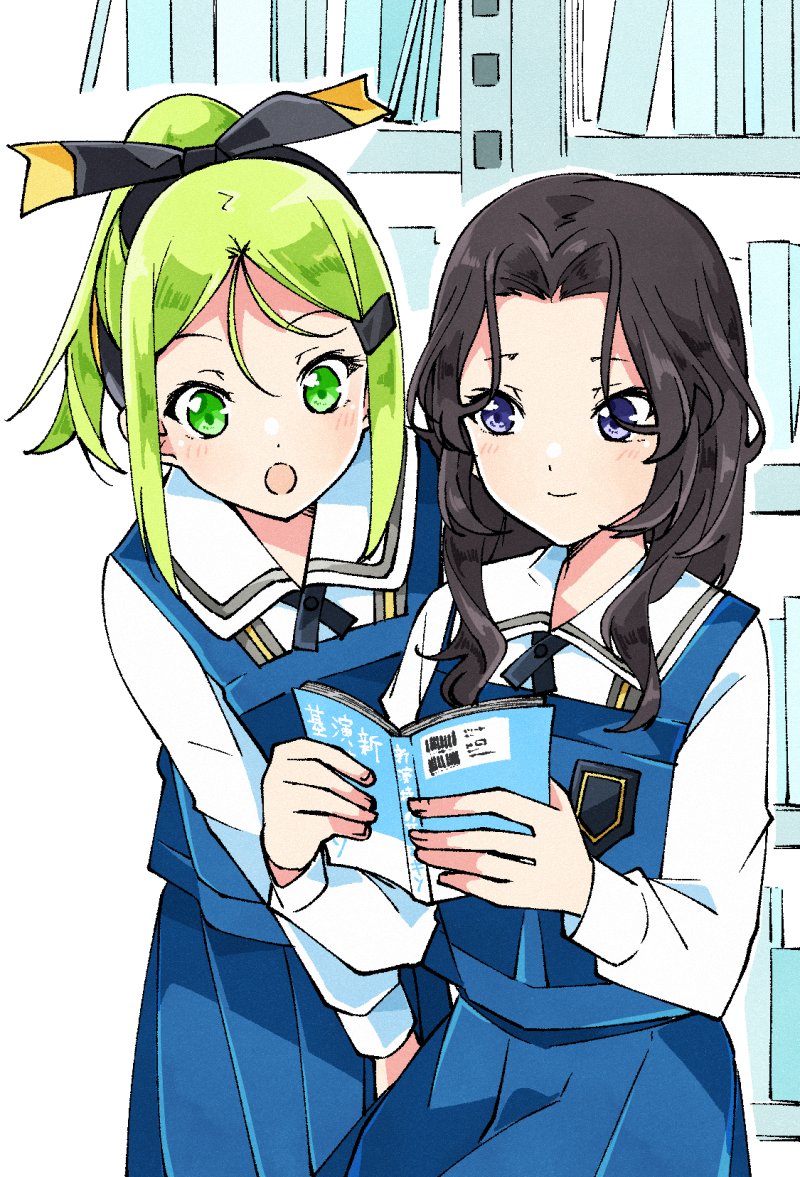 22/7 2girls :o blue_skirt blue_vest book bookshelf bow bow_hairband closed_mouth green_eyes green_hair grey_hair hair_bow hair_ornament hairband hairclip half_updo high_ponytail holding holding_book kiryu_touko long_hair long_sleeves looking_at_object multiple_girls open_mouth orihara_sumika parted_bangs ponytail purple_eyes school_emblem school_uniform shirt sitting skirt trefle_r two-tone_bow two-tone_hairband vest wavy_hair white_shirt