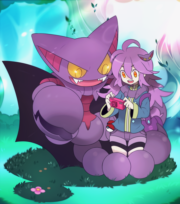 1girl ahoge bag camera creature_and_personification flower forest gen_4_pokemon gliscor grass hair_ornament hairclip handbag happy hip_focus jacket kashiri_kurosuke messy_hair moemon nature nintendo on_grass open_mouth orange_eyes outdoors personification poke_ball pokemon pokemon_(creature) purple_hair shorts teeth tongue waist_poke_ball yellow_eyes