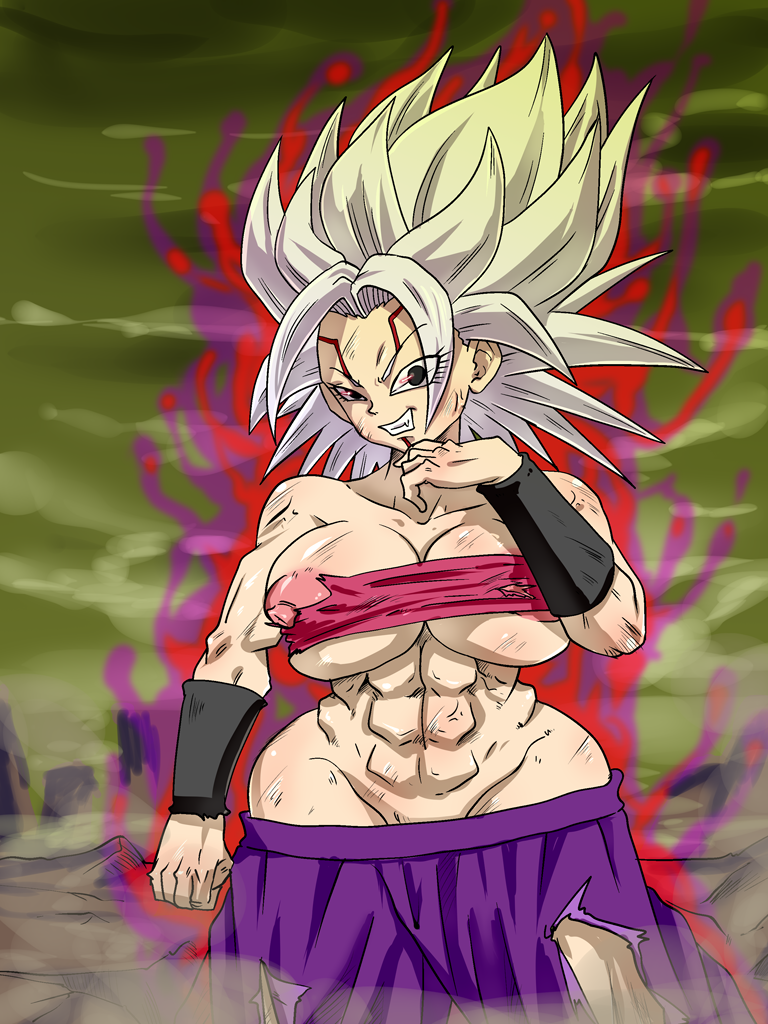 1girl abs ass black_eyes breasts caulifla covered_erect_nipples dragon_ball dragon_ball_heroes dragon_ball_super evil_grin evil_smile female_focus grin large_breasts looking_at_viewer muscular muscular_female nipples oren_(dragon_ball) possessed possession rickert_kai short_hair smile spiked_hair white_hair