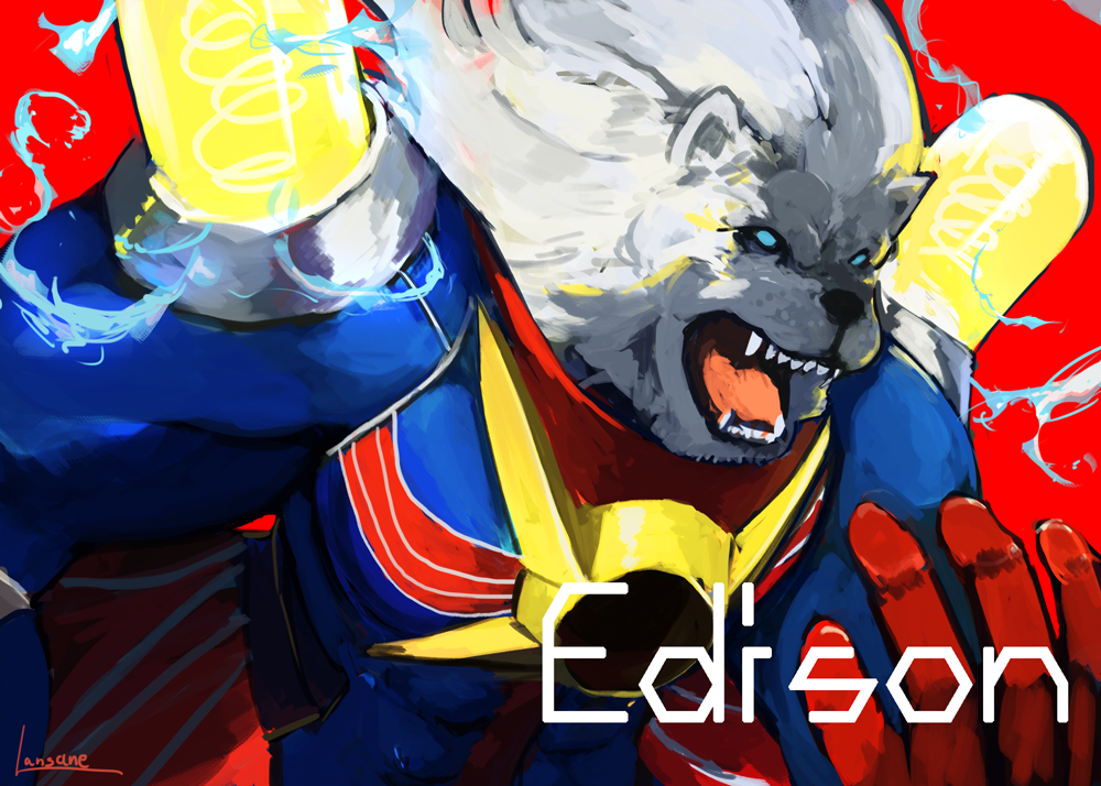 1boy animal_head armor artist_name blue_eyes character_name electricity fate/grand_order fate_(series) gloves lansane lion male_focus open_mouth pauldrons red_background red_gloves sharp_teeth shoulder_armor solo teeth thomas_edison_(fate) vacuum_tube