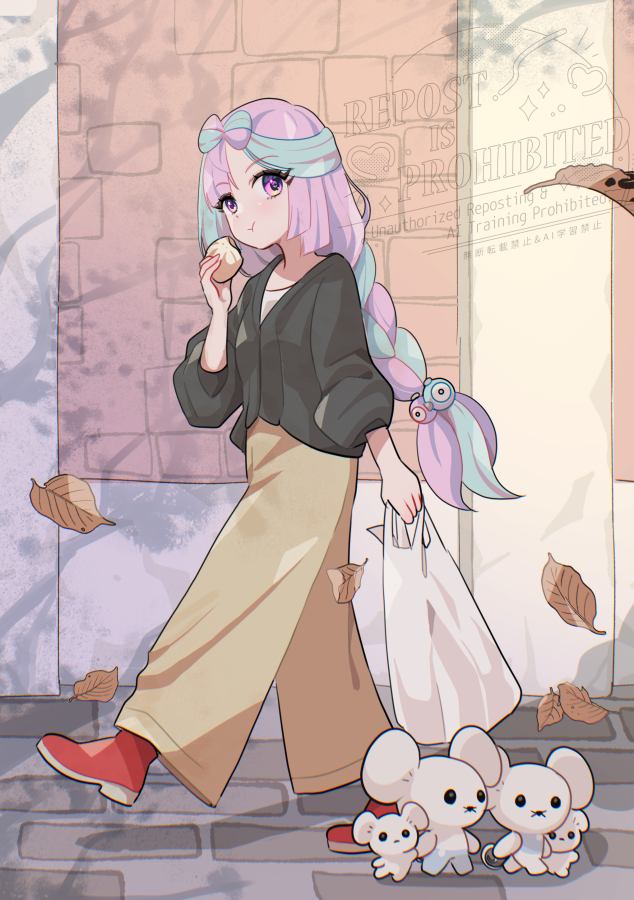 1girl alternate_costume alternate_hairstyle blue_hair bow-shaped_hair iono_(pokemon) long_hair low-tied_long_hair maushold maushold_(family_of_four) mizuiro123 multicolored_hair nintendo pink_hair pokemon pokemon_(creature) pokemon_sv two-tone_hair