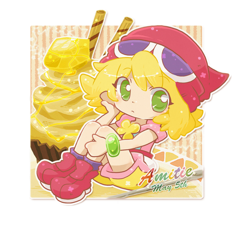 1girl amitie_(puyopuyo) bad_anatomy bad_hands birthday blonde_hair border brooch brown_background character_name chibi chibi_only closed_mouth cupcake dessert flower flower_brooch food full_body green_eyes hand_on_own_leg hand_up hat hood hoodie hurin1192 ice_cream_spoon icing jewelry knees_up light_frown looking_to_the_side medium_hair no_fingers on_plate outline outside_border pink_hoodie pointy_hat purple_socks puyopuyo puyopuyo_20th_anniversary red_hat red_shoes shoes shorts sideways_glance sitting sleeveless sleeveless_hoodie socks solo spoon striped_background swept_bangs wafer_stick white_border white_outline yellow_flower yellow_shorts