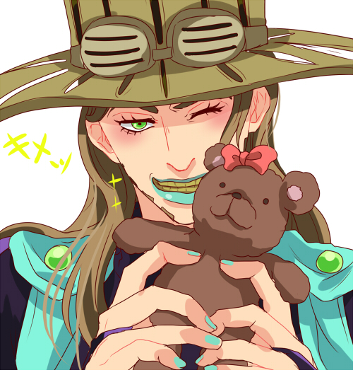 1boy blue_lips green_eyes gyro_zeppeli hat jojo_no_kimyou_na_bouken lipstick makeup male_focus one_eye_closed shimura_(yoshikatu) solo steel_ball_run stuffed_animal stuffed_toy teddy_bear