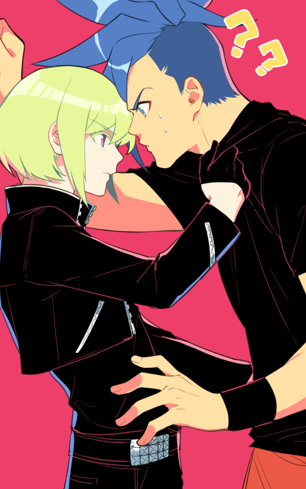 2boys ? armband belt black_armband black_belt black_gloves black_jacket black_pants black_shirt blonde_hair blue_eyes blue_hair byakuya0315 closed_mouth clothes_grab collared_jacket commentary_request cowboy_shot crew_neck cropped_jacket eye_contact galo_thymos gloves half_gloves hover_hand jacket lio_fotia long_sleeves looking_at_another male_focus mohawk multiple_boys nervous_sweating pants parted_bangs popped_collar promare purple_eyes red_background red_pants shirt shirt_grab short_hair short_sleeves standing sweat t-shirt unzipped zipper