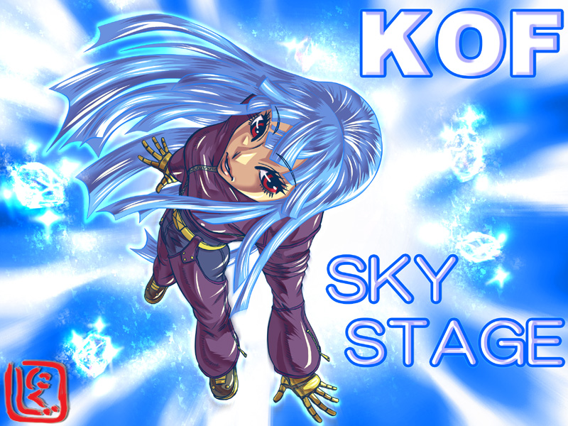 1girl belt blue_hair blue_sky chaps cropped_jacket eyelashes female_focus flying gloves ice kof_sky_stage kula_diamond lips long_hair nikuji-kun red_eyes sky snk solo the_king_of_fighters
