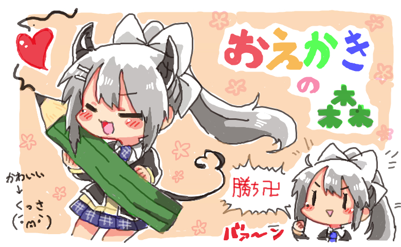 1girl :&gt; :d black_jacket blazer blush_stickers bow brown_background brown_sweater chibi clenched_hand closed_eyes grey_hair hair_bow higuchi_kaede higuchi_kaede_(1st_costume) holding holding_pencil horns jacket mole mole_under_eye multiple_views nijisanji open_clothes open_jacket open_mouth parted_lips pencil pleated_skirt ponytail purple_eyes purple_skirt rebecca_(keinelove) school_uniform skirt smile sweater tail translation_request triangle_mouth v-shaped_eyebrows virtual_youtuber white_bow