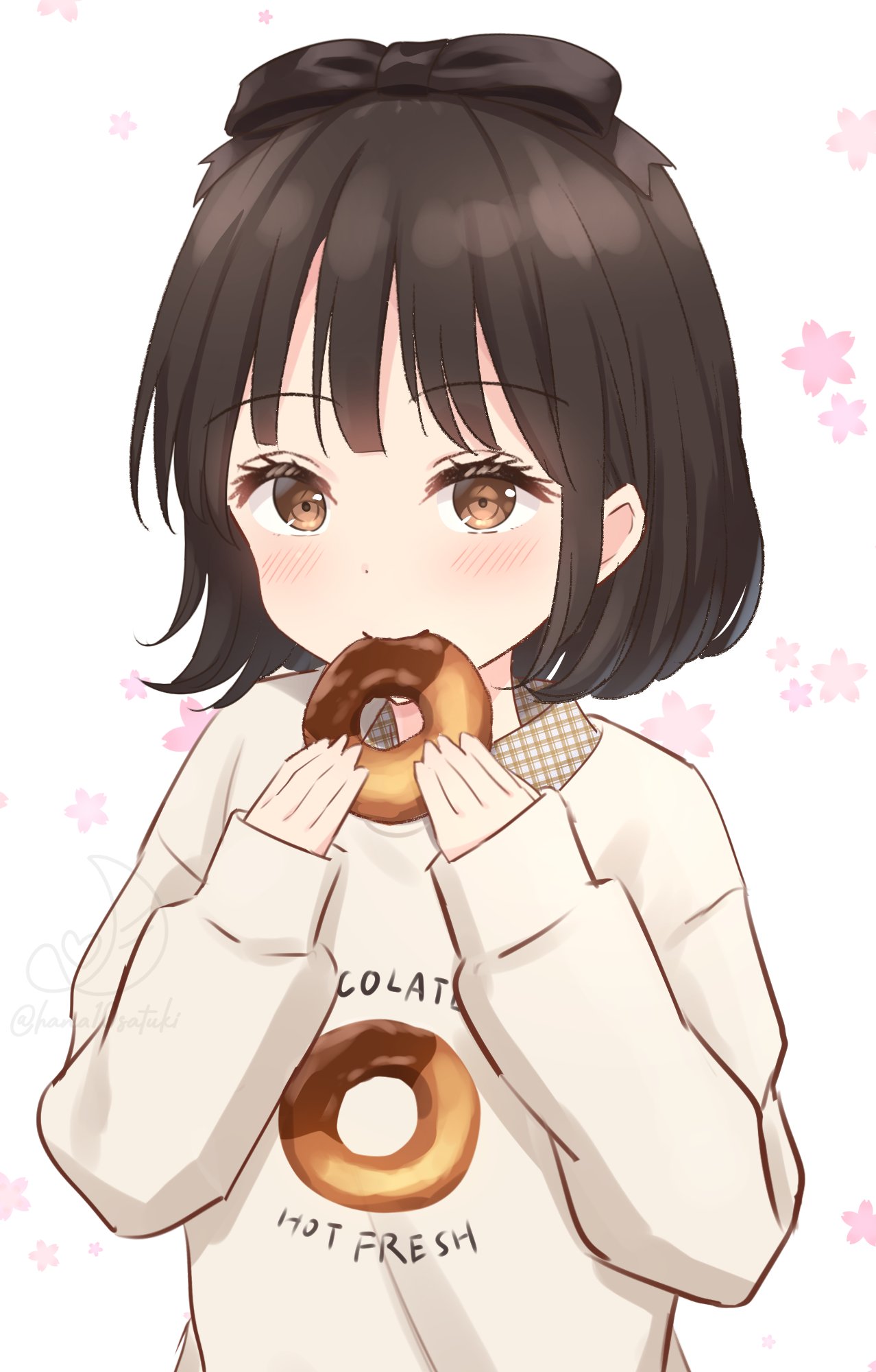 1girl alt_text animification black_bow black_hair blush bow brown_eyes brown_shirt chocolate_donut closed_mouth collared_shirt commentary_request donut donut_print dress_shirt eating food food_print hair_bow hanazora_satsuki highres holding holding_donut holding_food long_sleeves looking_at_viewer plaid_clothes plaid_shirt real_life sakurai_hina sakuramon shirt short_hair sleeves_past_wrists smile solo sweater upper_body voice_actor white_background white_sweater