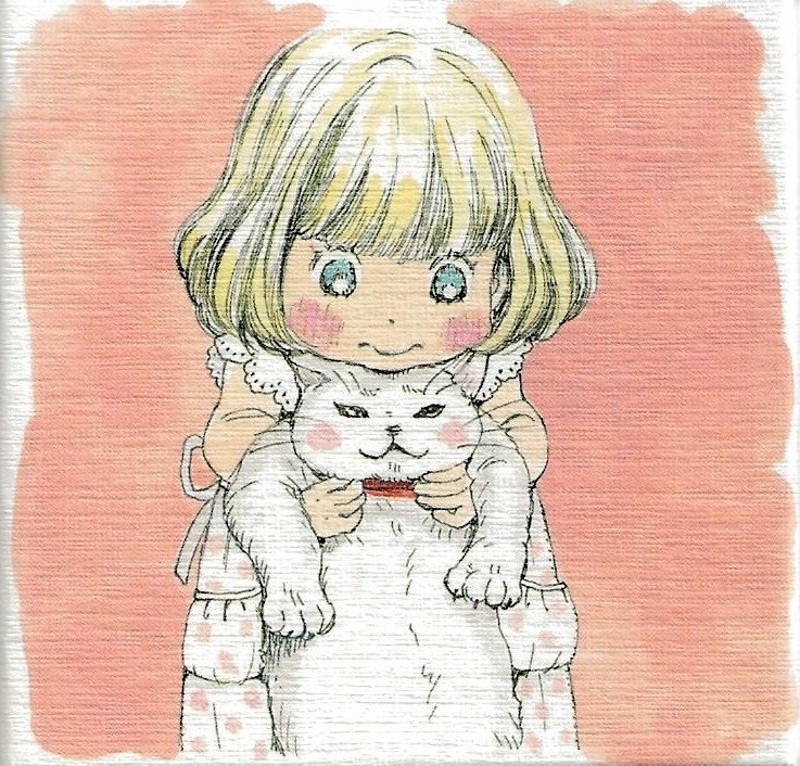 1girl animal animal_collar back_bow beige_background blonde_hair blue_eyes blunt_bangs blush_stickers bob_cut border bow cat child closed_mouth collar dot_nose dress facing_viewer head_rest holding holding_animal holding_cat kawamoto_momo lace lace-trimmed_sleeves lace_trim looking_at_animal looking_down polka_dot polka_dot_dress red_collar sangatsu_no_lion short_hair simple_background solo umino_chika wavy_mouth white_border white_bow white_dress