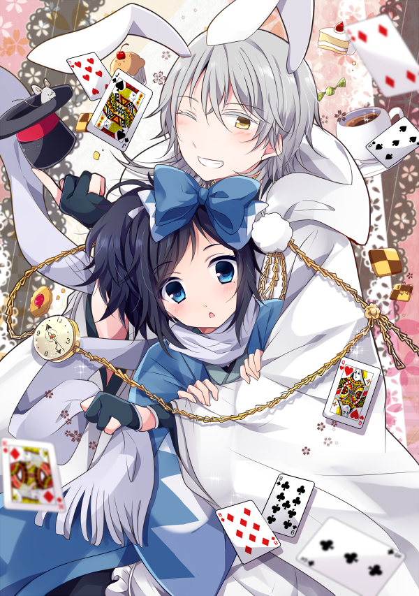 10s 2boys alice_(alice_in_wonderland) alice_(alice_in_wonderland)_(cosplay) alice_in_wonderland animal_ears apron bad_id bad_pixiv_id black_gloves black_hair blue_eyes bow candy card checkerboard_cookie cookie cosplay cupcake eight_of_diamonds_(playing_card) food gloves grin hair_bow haori hat hood jack_(playing_card) jack_of_spades japanese_clothes king_(playing_card) king_of_diamonds male_focus mini_hat mini_top_hat mole mole_under_eye mouse_(animal) multiple_boys one_eye_closed partially_fingerless_gloves playing_card pocket_watch ponytail queen_(playing_card) queen_of_hearts_(playing_card) rabbit_ears scarf shinsengumi smile top_hat touken_ranbu tsurumaru_kuninaga uguisu_mochi_(ykss35) unworn_hat unworn_headwear watch white_hair white_rabbit_(alice_in_wonderland) white_rabbit_(cosplay) yamato-no-kami_yasusada yellow_eyes