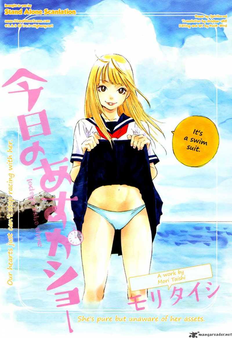 1girl bikini bikini_bottom_only blonde_hair blue_bikini blue_panties blue_skirt brown_eyes clothes_lift collarbone dot_nose english_text female_focus japanese_text kyou_no_asuka_show kyouno_asuka legs long_hair looking_at_viewer manga_page midriff miniskirt mori_taishi navel ocean official_art panties pleated_skirt school_uniform serafuku short_sleeves skirt skirt_lift smile solo solo_focus stomach swimsuit thighs underwear water white_serafuku