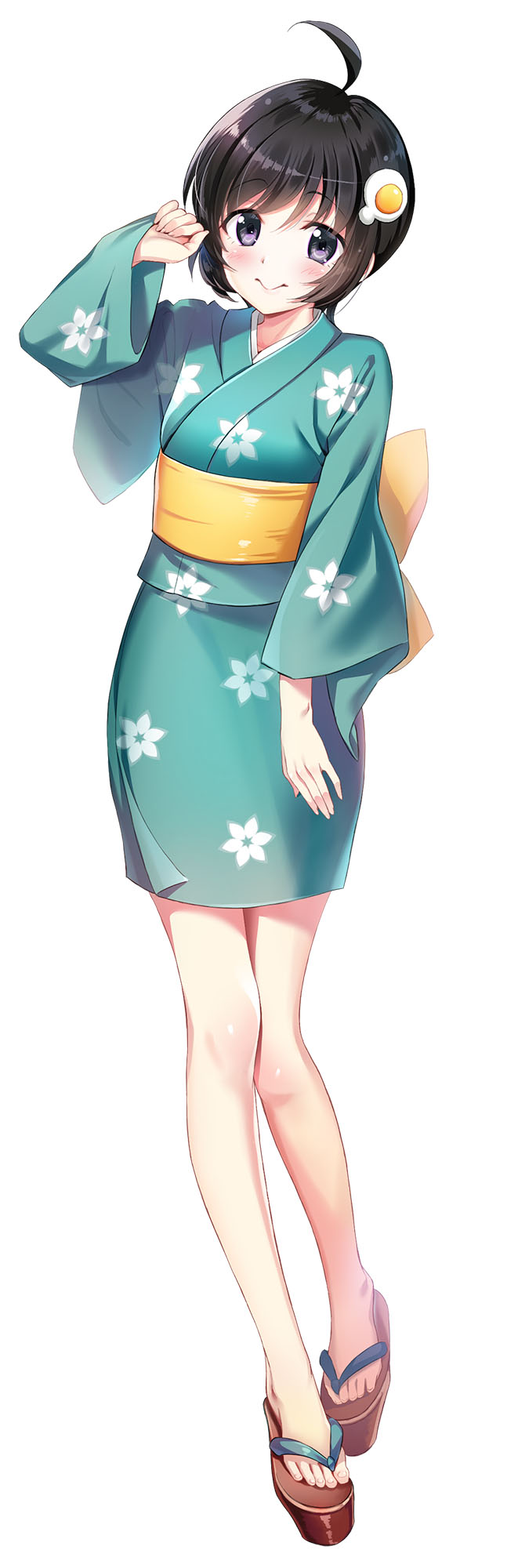 1girl ahoge araragi_tsukihi bakemonogatari black_hair blue_kimono blush brown_sandals closed_mouth commentary_request egg_hair_ornament floral_print food-themed_hair_ornament full_body grey_eyes hair_ornament hand_up highres japanese_clothes kimono long_sleeves looking_at_viewer monogatari_(series) obi platform_clogs platform_sandals print_kimono sandals sash short_hair simple_background sleeves_past_wrists smile solo white_background wide_sleeves youta zouri