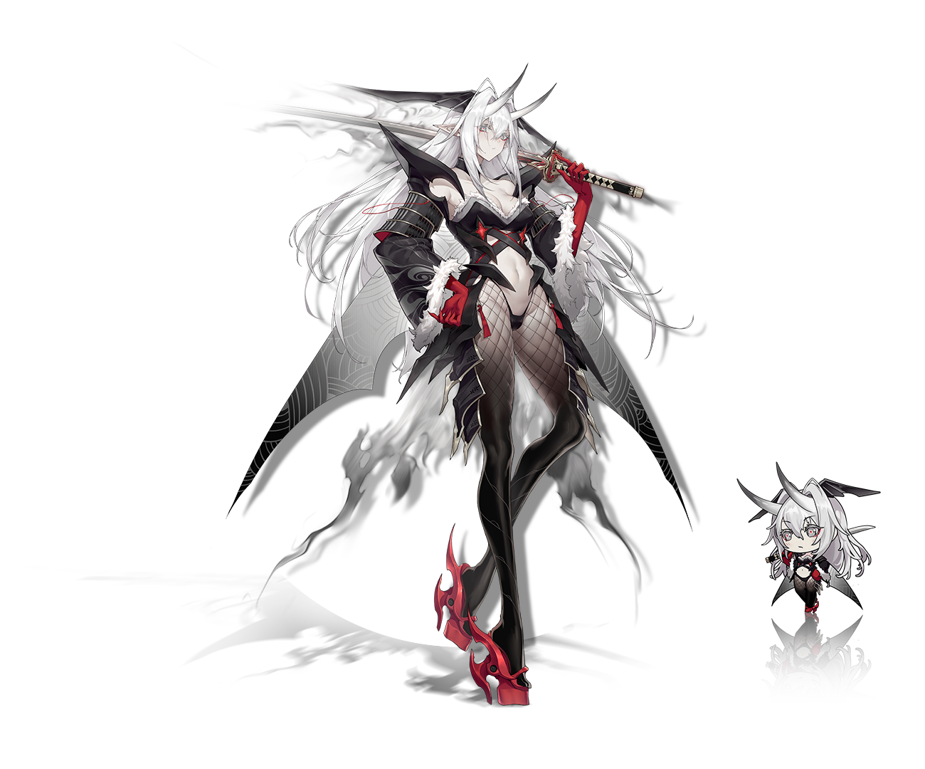 1girl artist_request check_artist chibi clover_theater demon_girl eyeliner fishnet_pantyhose fishnets full_body grey_eyes holding holding_sword holding_weapon horns katana long_hair long_sleeves makeup official_art oni ootakemaru_(clover_theater) pale_skin pantyhose pointy_ears red_eyeliner shanyao_jiang_tororo standing sword weapon white_hair white_horns wide_sleeves