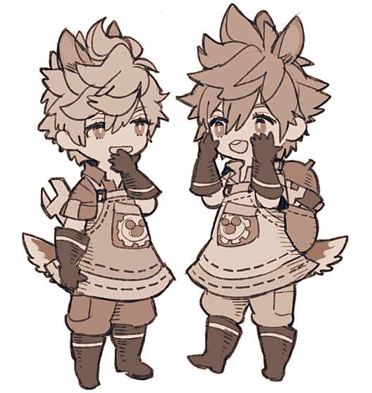 2boys animal_ears apron boots bright_pupils brown_theme chibi chibi_only chip_(disney) chip_(disney)_(cosplay) chipmunk_boy chipmunk_ears chipmunk_tail commentary_request cosplay dale_(disney) dale_(disney)_(cosplay) full_body gloves hands_on_own_cheeks hands_on_own_face happy kingdom_hearts kingdom_hearts_x knee_boots looking_at_another male_focus monochrome multiple_boys open_mouth puffy_pants robert_(robahato) roxas short_hair short_sleeves simple_background smile sora_(kingdom_hearts) spiked_hair standing white_background wrench