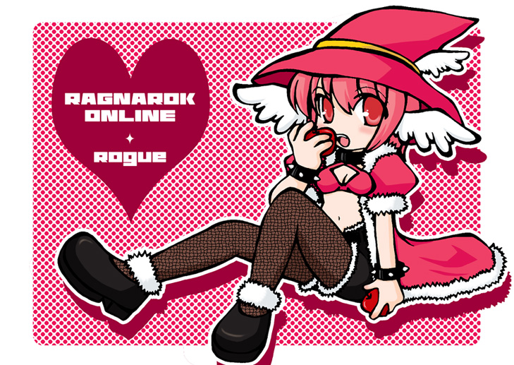 1girl apple black_shoes black_shorts blush bra breasts character_name chibi chibi_only cleavage coat commentary_request copyright_name feathered_wings fishnet_pantyhose fishnets food fruit full_body fur-trimmed_coat fur-trimmed_shorts fur_trim hat head_wings heart holding holding_food holding_fruit looking_at_viewer medium_breasts midriff navel open_clothes open_coat open_mouth pantyhose pink_eyes pink_hair polka_dot polka_dot_background ragnarok_online red_background red_bra red_coat red_hat rogue_(ragnarok_online) shoes short_shorts short_sleeves shorts solo underwear white_wings wings witch_hat yazawa_kazuki