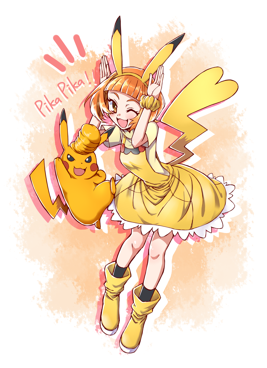 1boy 1girl animal animal_ears bracelet cosplay dress eyebrows gen_1_pokemon happy highres jewelry kaikai matching_hair/eyes nintendo open_mouth orange_eyes orange_hair pikachu pikala pokemon pokemon_(anime) pokemon_sm_(anime) pompadour short_hair tail