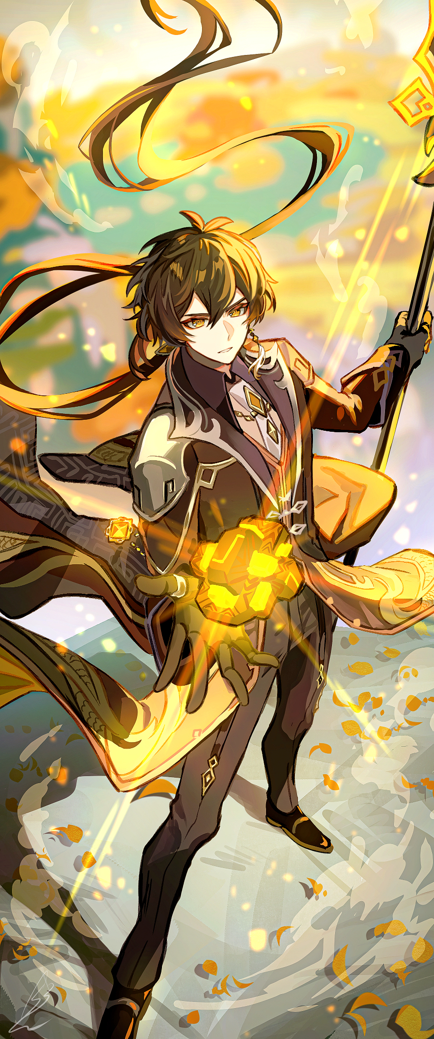 1boy black_gloves black_pants black_shoes brown_coat brown_hair coat commentary_request genshin_impact gloves hair_between_eyes highres holding holding_polearm holding_weapon legs_apart long_hair long_sleeves looking_at_viewer male_focus pants parted_lips polearm shibuki_kamone shoes signature solo standing very_long_hair vortex_vanquisher_(genshin_impact) weapon yellow_eyes zhongli_(genshin_impact)