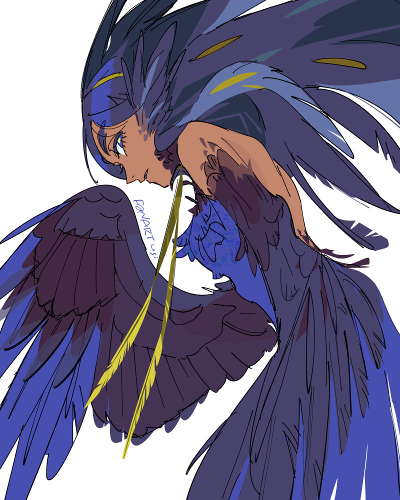 1girl alternate_species backless_outfit bare_shoulders black_feathers black_hair blue_eyes blue_feathers cowboy_shot dark-skinned_female dark_skin expressionless eyelashes feather_hair feathered_wings feathers geeta_(pokemon) hand_up harpy logi_bunbukucha long_hair looking_at_viewer monster_girl multicolored_feathers neck_ribbon nintendo parted_lips pokemon pokemon_sv ribbon sideways_glance solo winged_arms wings yellow_ribbon